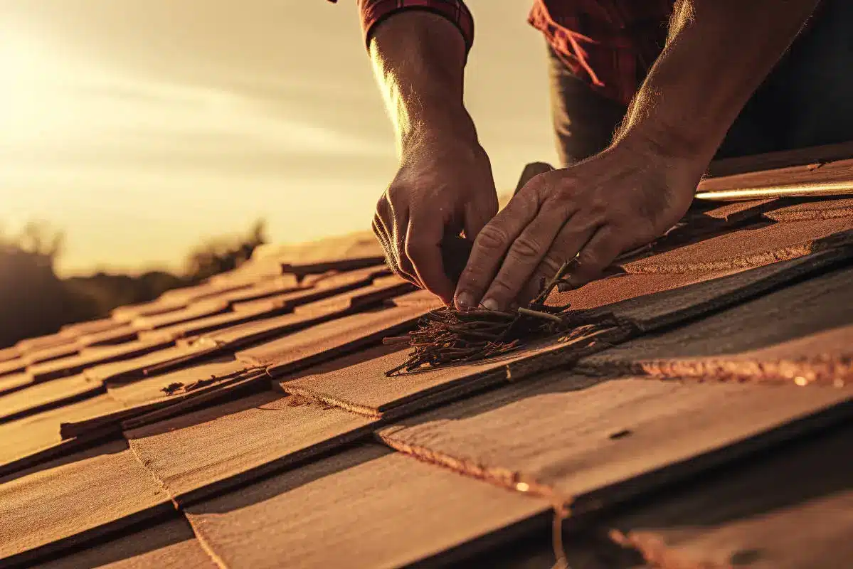 Gros plan sur les mains d'un artisan en train de réparer une toiture en shingle